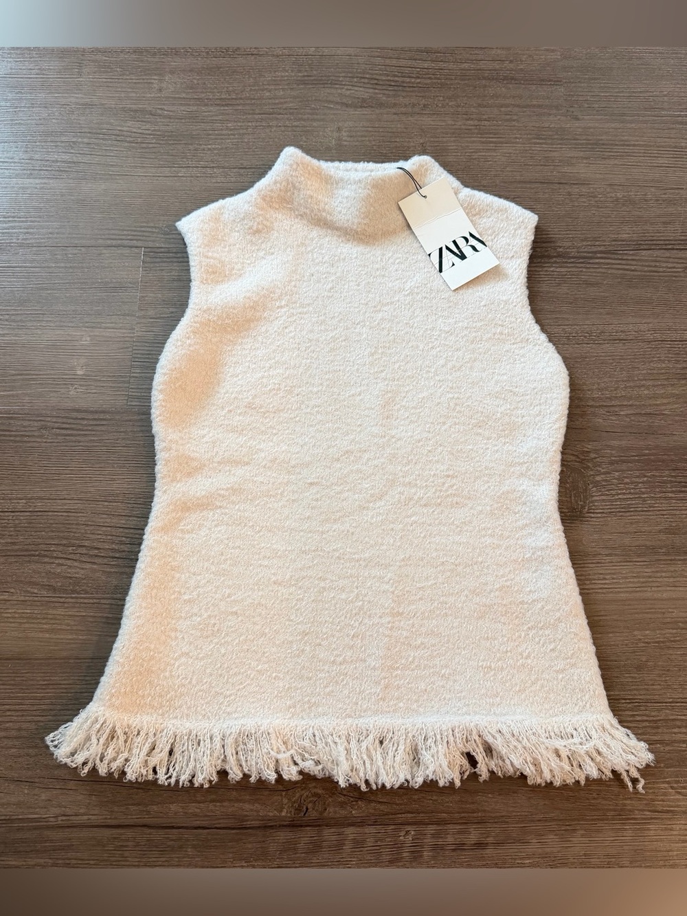 Zara NWT Ecru Fringed Knit Sleeveless Mock Neck Top Size S